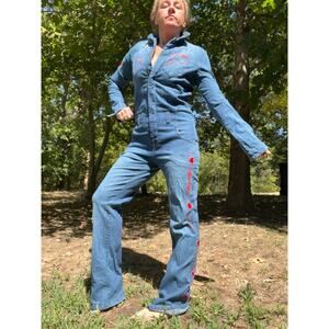 VTG 90s Y2K apple bottom jeans denim embroidered logo distressed jumpsuit XL